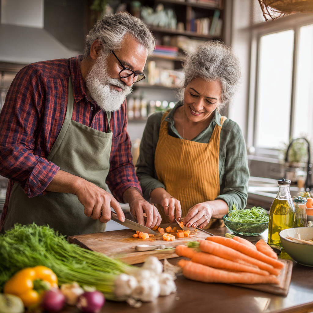 mature adult couple cooking together in bright kitchen with healthy ingredients