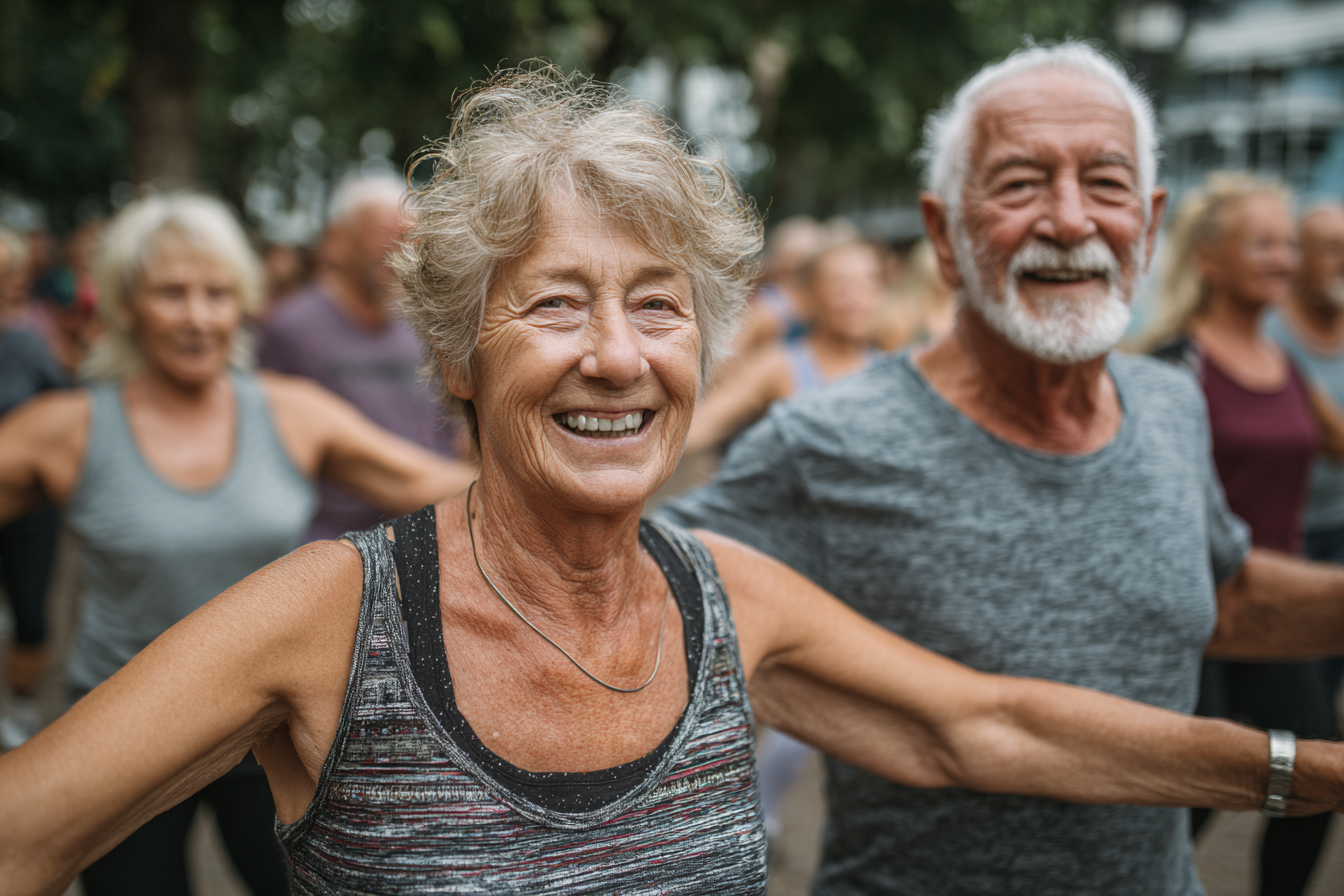 Група людей зрілого віку виконує вправи на свіжому повітрі